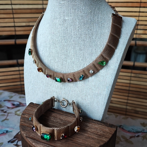 Unsigned Hobe? Mesh Prong Set Gold Tone Mesh Necklace and Bracelet Vintage EUC - Picture 2 of 11